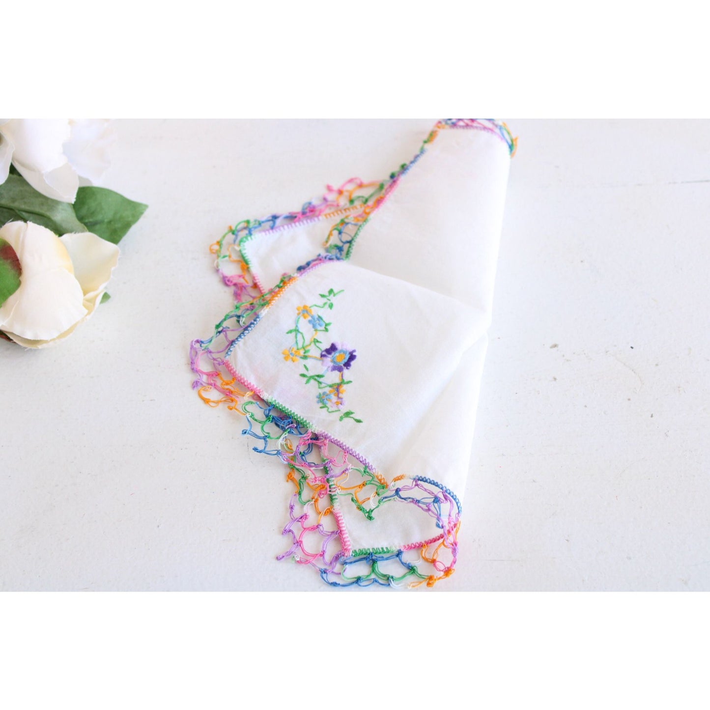 Vintage 1960s White Linen With Rainbow Crochet Trim and Embroidered Flowers Hanky