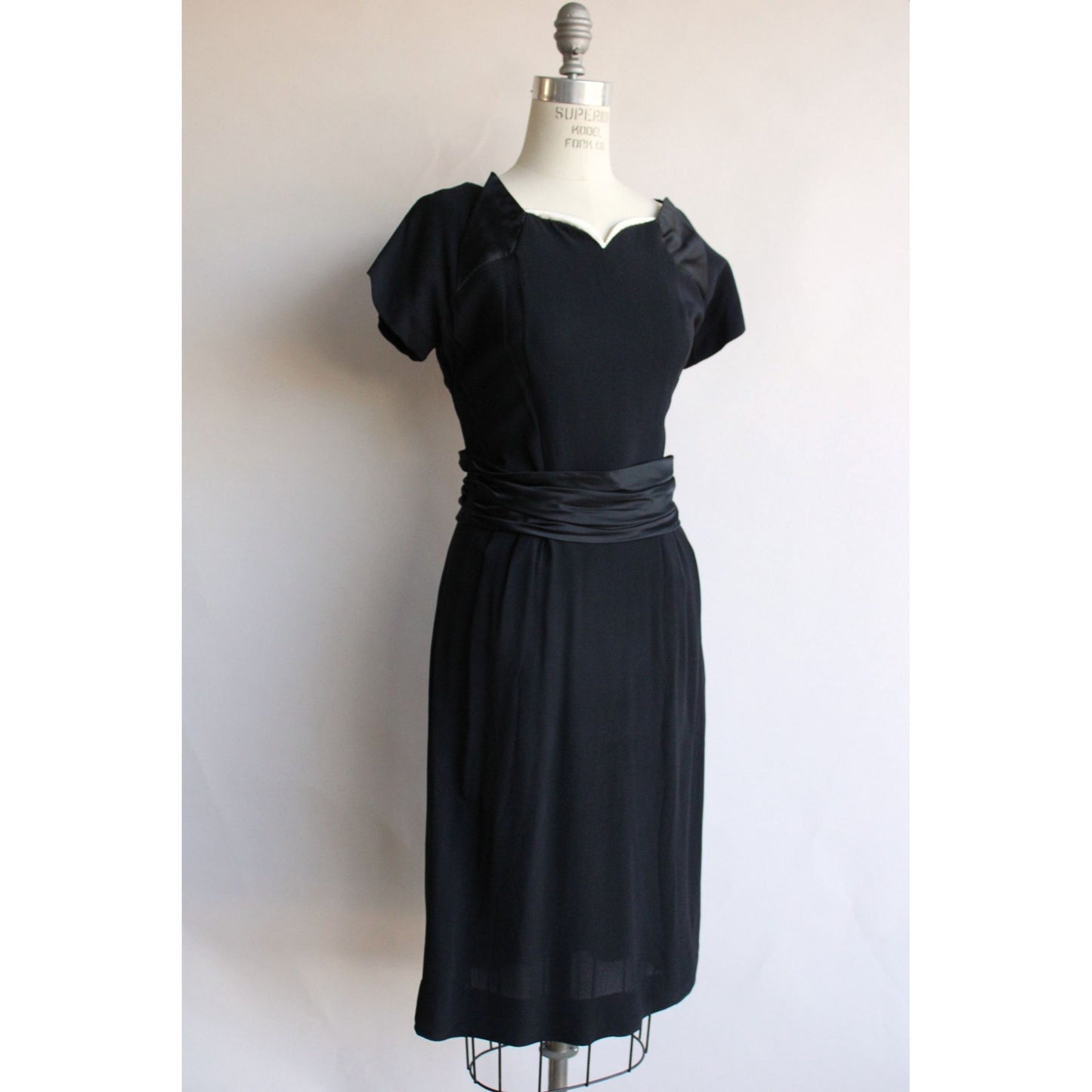 Vintage 1950s  Black Rayon Dress With Cummerbund Belt and Sweetheart Neckline