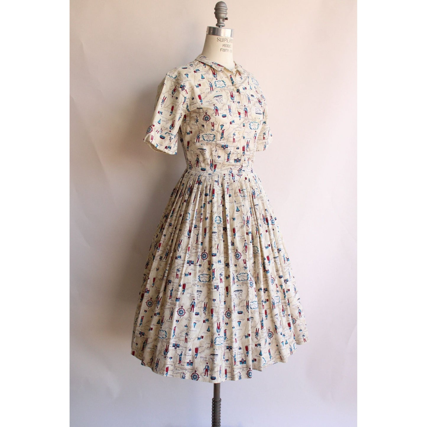 Vintage 1950s Novelty Print Dress with Belt and Pocket