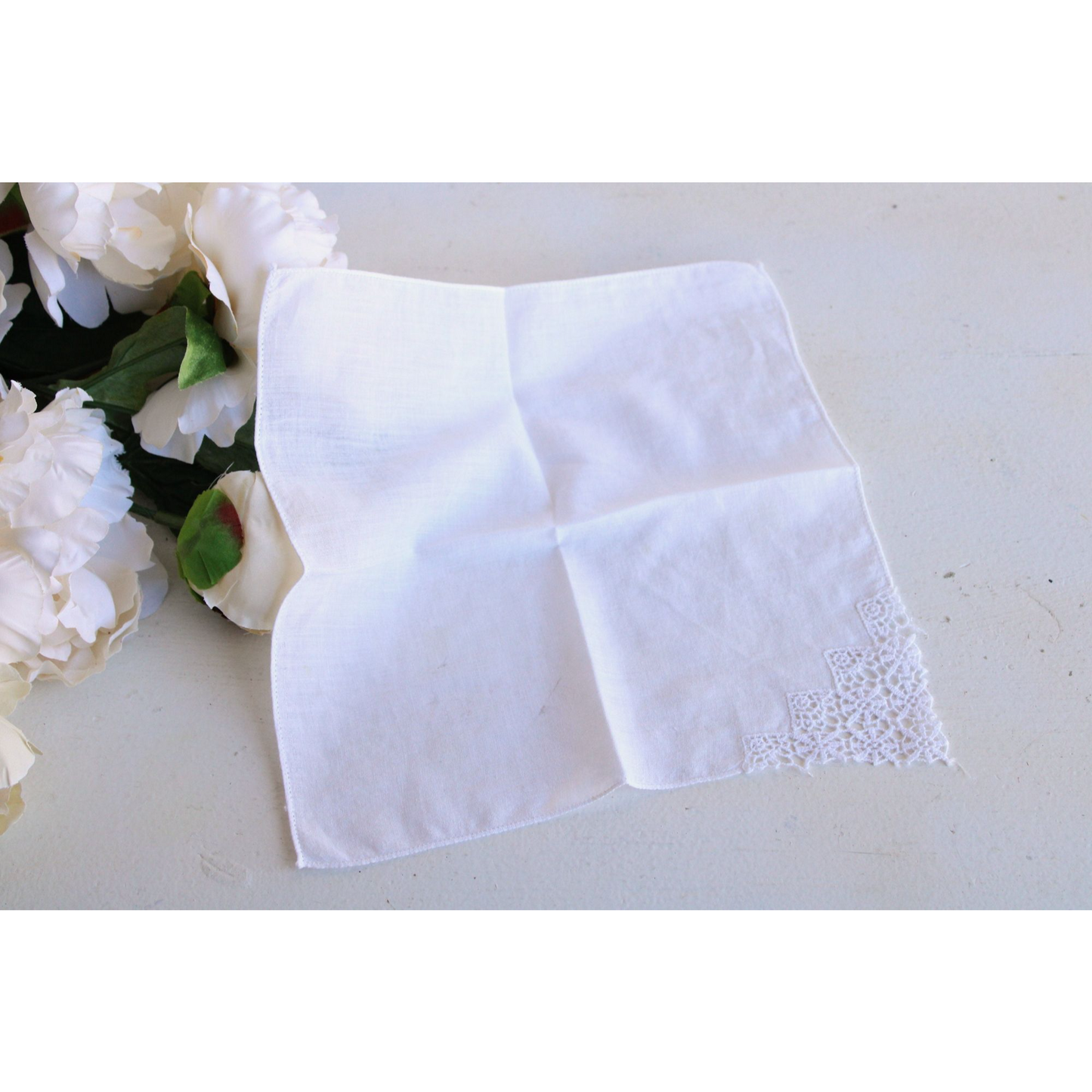 Vintage 1940s 1950s Handkerchief with a White Lace Corner