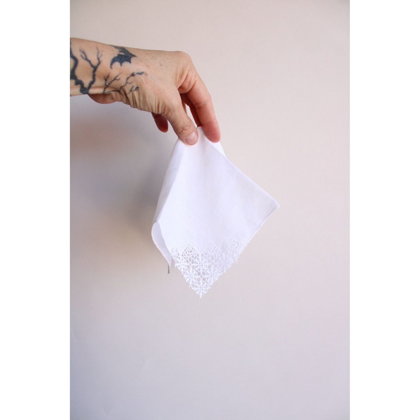 Vintage 1940s 1950s Handkerchief with a White Lace Corner