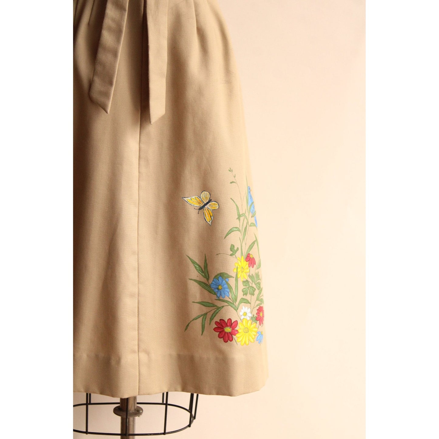 Vintage 1970s Khaki Wrap Skirt with Handpainted Flowers and Butterfly