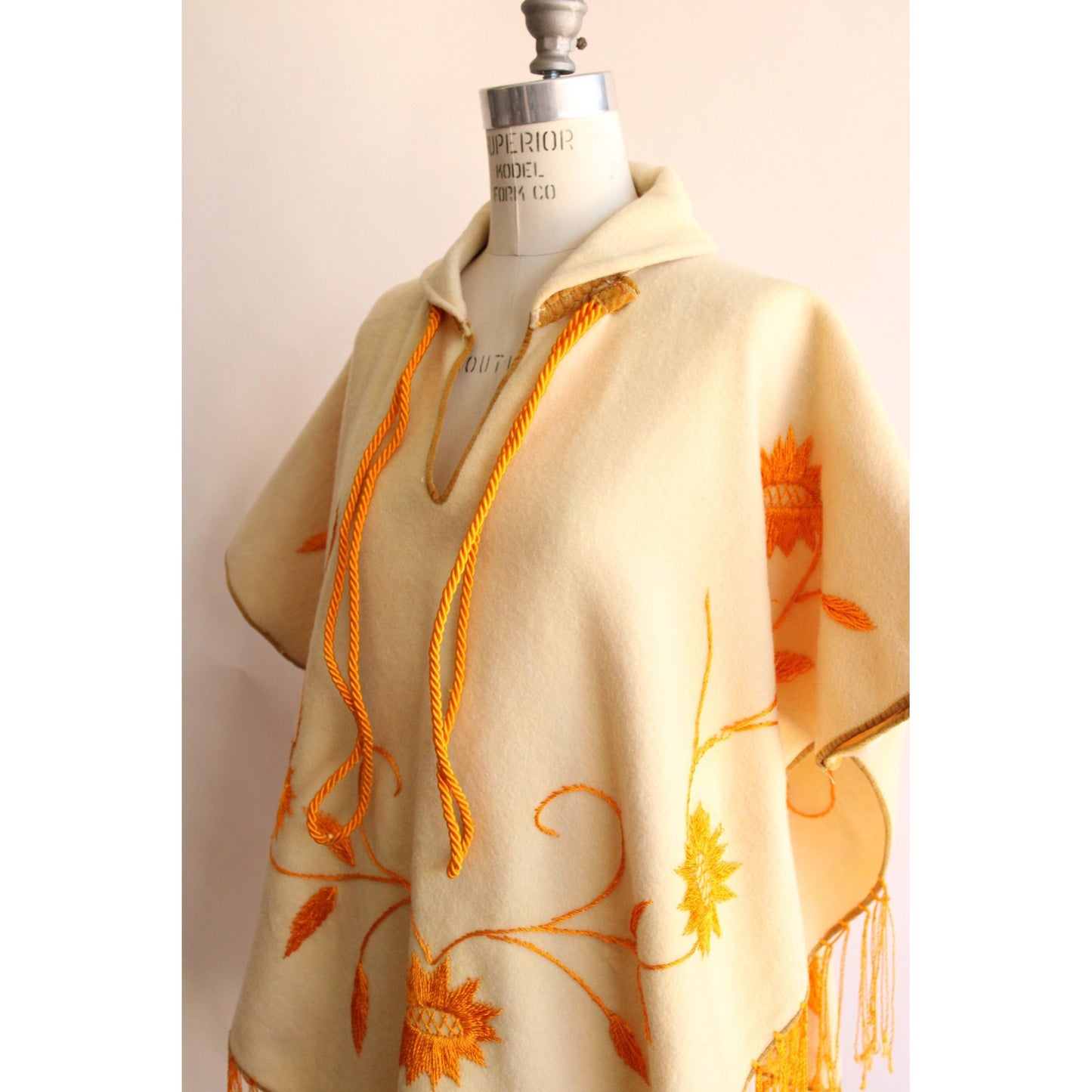 Vintage 1960s Yellow Felted Wool Embroidered Poncho