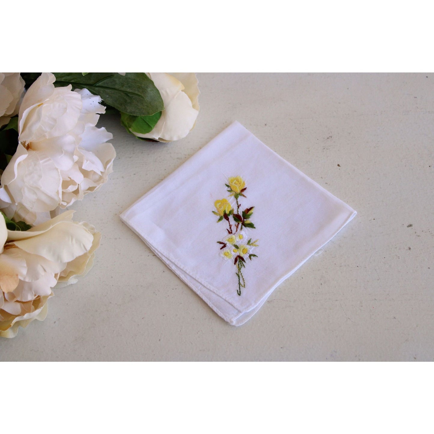 Vintage White Cotton Yellow Rose Embroidered Hanky