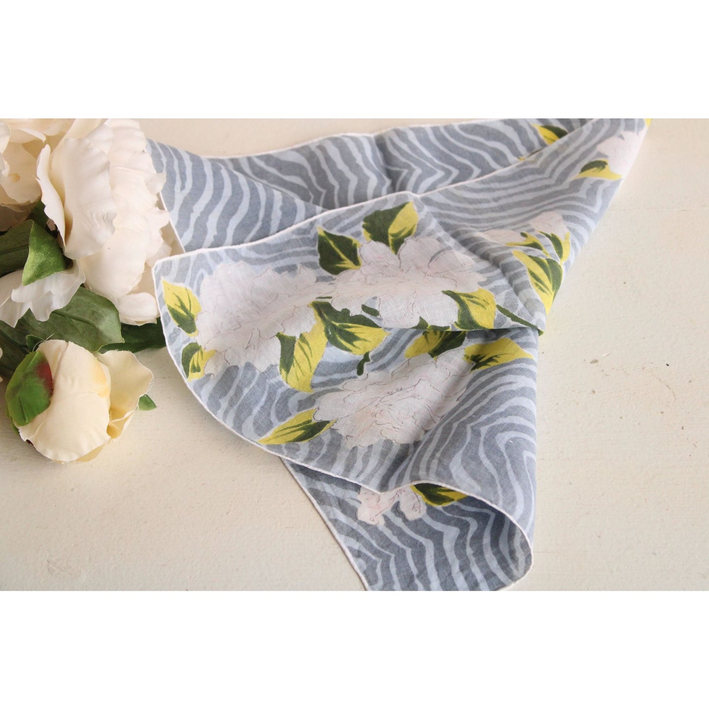 Vintage 1950s 1960s  Zebra Print and White Floral Handkerchief