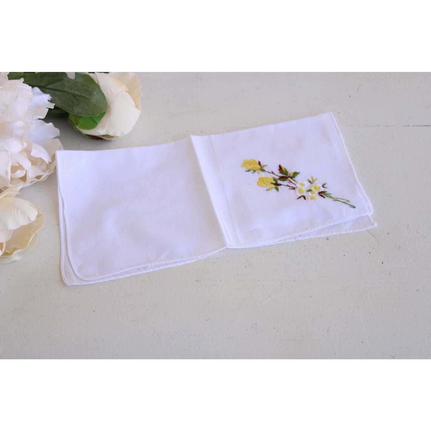 Vintage White Cotton Yellow Rose Embroidered Hanky