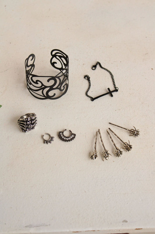 Lot of Goth Jewelry, Bracelets, Skeleton ring, Spider hair Pins,  Septum Rings