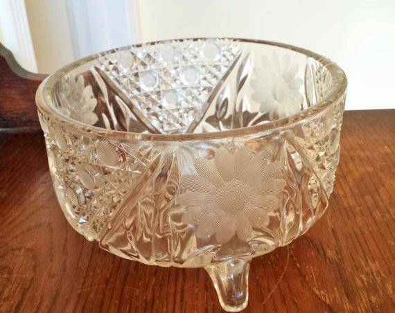 Vintage Cut Glass Serving Bowl-Mint Chips Vintage Home Goods-Cut Glass,Entertaining,Floral,Fruit Bowl,Kitchen,Serving Bowl,Vintage,Vintage Glass
