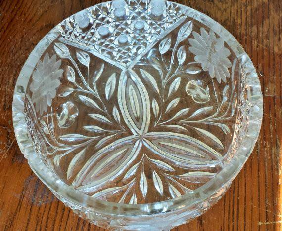 Vintage Cut Glass Serving Bowl-Mint Chips Vintage Home Goods-Cut Glass,Entertaining,Floral,Fruit Bowl,Kitchen,Serving Bowl,Vintage,Vintage Glass