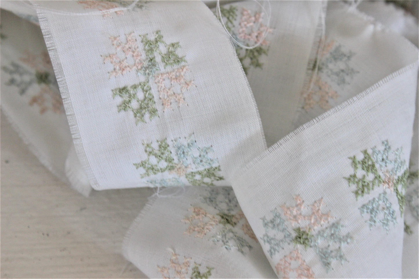 Vintage Floral Trim, Cross-Stitch Embroidery In Blue Pink Green And White